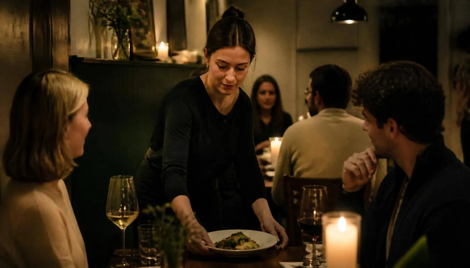 Evening service in an independent restaurant dining room, where menu pricing and margin drive profitability